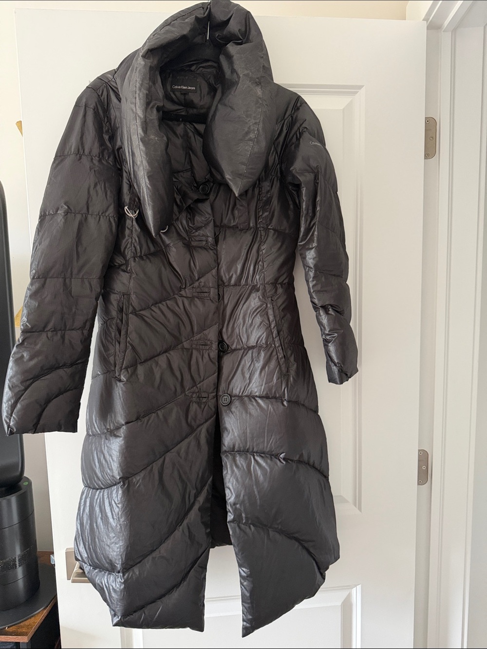 Calvin Klein Shiny Black Long Quilted Puffer Coat